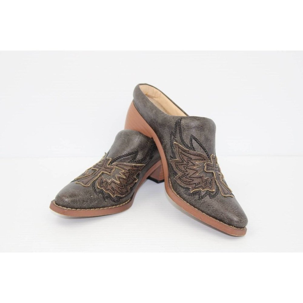 Roper Mules Heel Women's 5 Brown Cross Wings Western Slip On Mid Pointed Toe